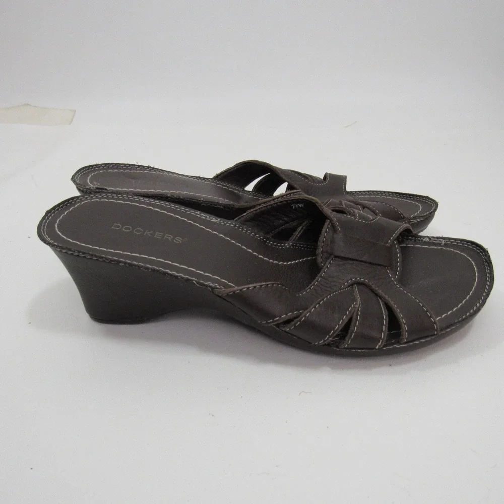 Dockers Womens Dark Brown‎ Leather Wedge Slide Sandals Size 7.5W